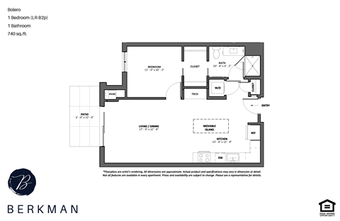 Floor plan for 1 bed, 1 bath, 740 sqft